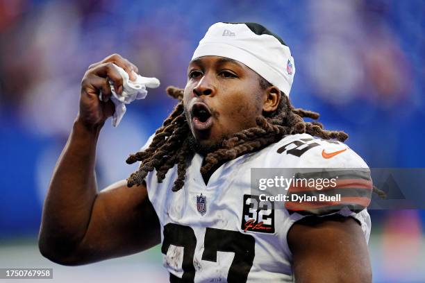 Kareem Hunt of the Cleveland Browns reacts as he leaves the field after the game against the Indianapolis Colts at Lucas Oil Stadium on October 22,...
