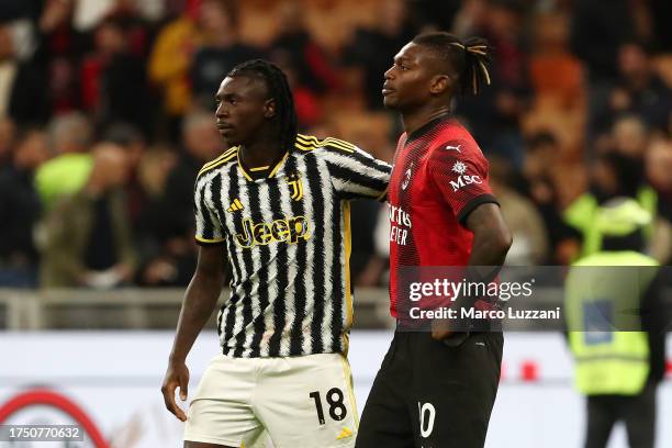 Moise Kean of Juventus consoles Rafael Leao of AC Milan after the Serie A TIM match between AC Milan and Juventus at Stadio Giuseppe Meazza on...