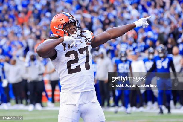 Kareem Hunt of the Cleveland Browns reacts after scoring a touchdown during the fourth quarter against the Indianapolis Colts at Lucas Oil Stadium on...