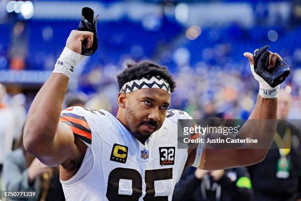 Myles Garrett of the Cleveland Browns reacts as he leaves the field after the game against the Indianapolis Colts at Lucas Oil Stadium on October 22,...