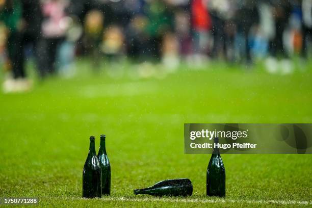 Illustration of Champagne bottle after the game during the Rugby World Cup - Final match between New Zealand and South Africa at Stade de France on...