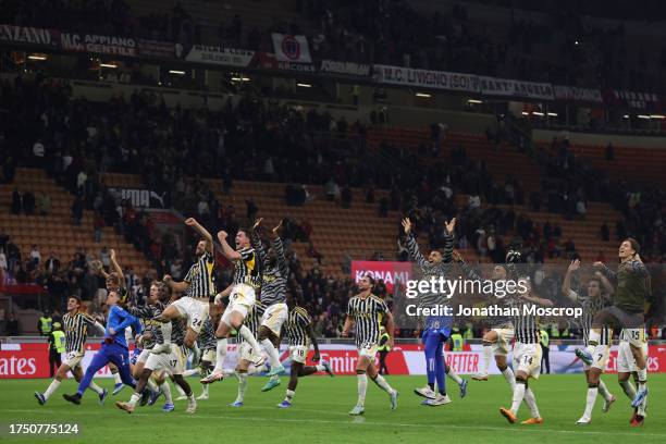 Juventus players celebrate the 1-0 victory following the final whistle of the Serie A TIM match between AC Milan and Juventus FC at Stadio Giuseppe...