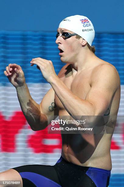 Adam Brown of Great Britain prepares to compete during the Swimming Men's 100m Freestyle preliminaries heat eight on day twelve of the 15th FINA...