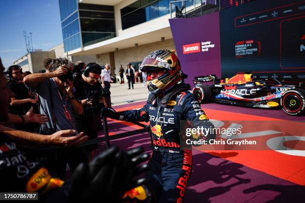 Race winner Max Verstappen of the Netherlands and Oracle Red Bull Racing celebrates in parc ferme following the F1 Grand Prix of United States at...