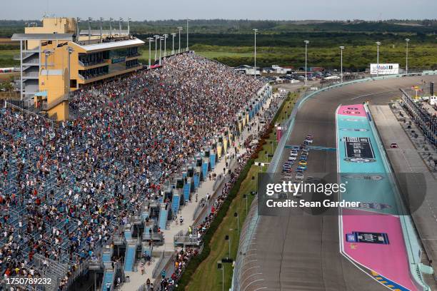 General view of racing during the NASCAR Cup Series 4EVER 400 Presented by Mobil 1 at Homestead-Miami Speedway on October 22, 2023 in Homestead,...