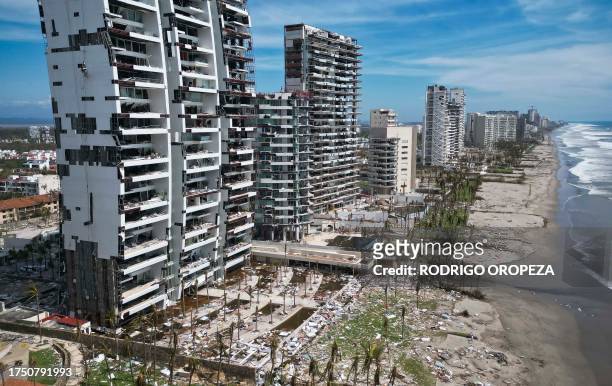 Aerial view of damages caused by the passage of Hurricane Otis in Acapulco, Guerrero State, Mexico, on October 28, 2023. The death toll from an...