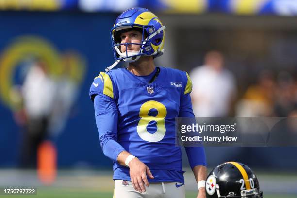 Brett Maher of the Los Angeles Rams watches a field goal during the second quarter against the Pittsburgh Steelers at SoFi Stadium on October 22,...