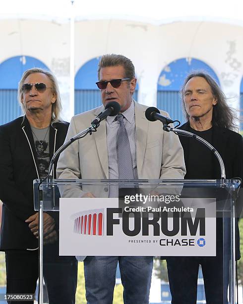 Joe Walsh Glenn Frey and Timothy B. Schmit of rock band the Eagles attend the Madison Square Garden company announcement of the revitalization of the...