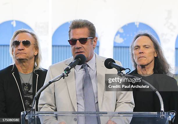 Joe Walsh Glenn Frey and Timothy B. Schmit of rock band the Eagles attend the Madison Square Garden company announcement of the revitalization of the...