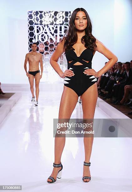 Jessica Gomes showcases designs by Jets at the David Jones Spring/Summer 2013 Collection Launch at David Jones Elizabeth Street on July 31, 2013 in...