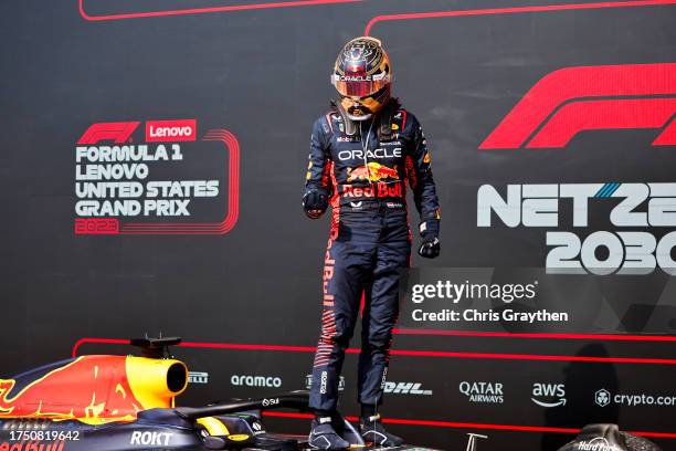 Race winner Max Verstappen of the Netherlands and Oracle Red Bull Racing celebrates in parc ferme following the F1 Grand Prix of United States at...