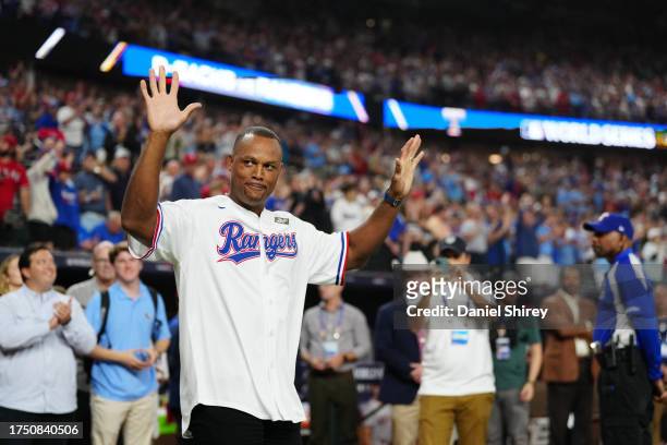 Adrian Beltre takes the field to throw the ceremonial first pitch prior to Game 2 of the 2023 World Series between the Arizona Diamondbacks and the...