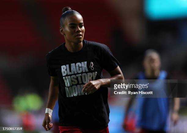 Shania Hayles of Bristol City warms up, whilst wearing a Black History Month t-shirt, prior to the Barclays Women´s Super League match between...