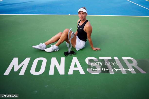 Elise Mertens of Belgium celebrates with the trophy after defeating Jasmine Paolini of Italy in her Final match during day seven of the Jasmin Open...