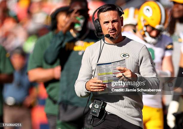 Head coach Matt LaFleur of the Green Bay Packers looks on in the second quarter of the game against the Denver Broncos at Empower Field At Mile High...
