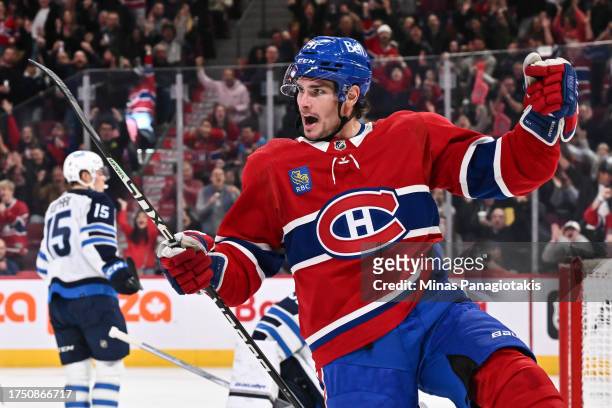 Sean Monahan of the Montreal Canadiens celebrates his goal during the second period against the Winnipeg Jets at the Bell Centre on October 28, 2023...