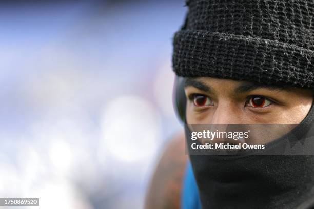 Cameron Sutton of the Detroit Lions looks on as he stretches prior to an NFL football game between the Baltimore Ravens and the Detroit Lions at M&T...