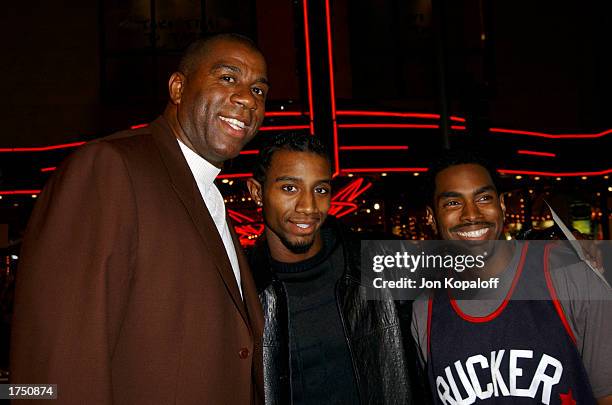 Former Los Angeles Laker Magic Johnson, son Andre and friend attend the premiere of "Biker Boyz" at Mann's Chinese Theatre on January 28, 2003 in...