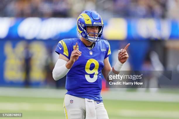 Matthew Stafford of the Los Angeles Rams calls a play during the third quarter against the Pittsburgh Steelers at SoFi Stadium on October 22, 2023 in...