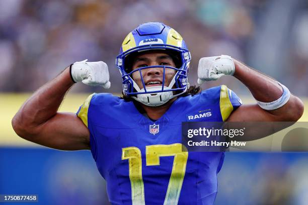 Puka Nacua of the Los Angeles Rams celebrates a two point conversion score during the third quarter against the Pittsburgh Steelers at SoFi Stadium...