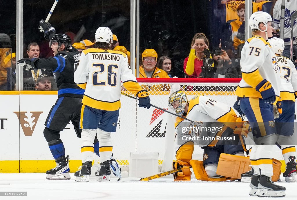 Toronto Predators Mark Giordano of the Toronto Maple Leafs celebrates his goal against ...