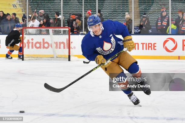 Derek Ryan of the Edmonton Oilers participates in practice at Commonwealth Stadium in advance of the 2023 Tim Hortons NHL Heritage Classic on October...