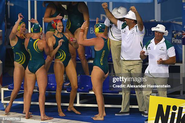 Greg Mc Fadden head coach of Australia, celebrates with his team winning during the Women's Water Polo Semifinal between Russia and Australia during...