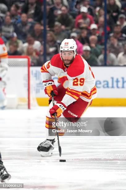 Dillon Dube of the Calgary Flames at Nationwide Arena on October 20, 2023 in Columbus, Ohio.