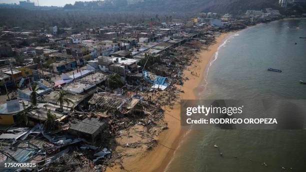 Aerial view of damages caused by the passage of Hurricane Otis in Puerto Marques, Guerrero State, Mexico, on October 28, 2023. The death toll from an...