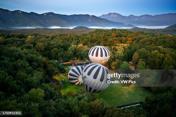 Hot air balloon flying La Fageda d' en Jorda and the volcanic area of Olot, the Natural Park of the Volcanic Zone of La Garrotxa and mountains on the...