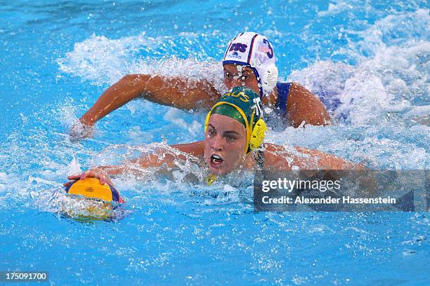 Ashleigh Southern of Australia in action against Ekaterina Prokofyeva of Russia during the Women's Water Polo Semifinal Round between Russia and...