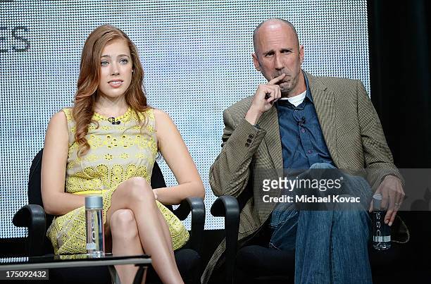 Actors Alexia Dox and Robert 'Bob' Clendenin speak onstage during the 'Quick Draw' portion of the Hulu 2013 Summer TCA Tour at The Beverly Hilton...