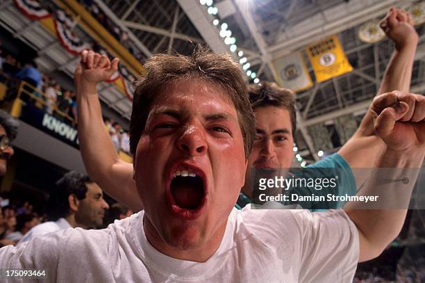 Closeup of Boston Bruins fans in stands during Game 5 vs Montreal Canadiens at Boston Garden. Boston, MA 4/27/1990 CREDIT: Damian Strohmeyer
