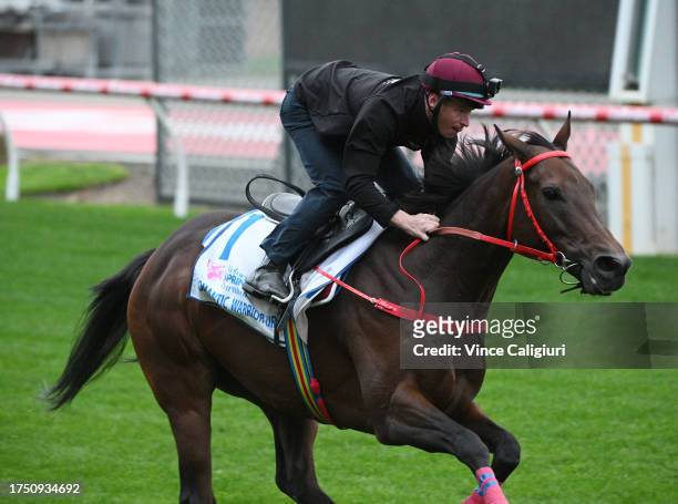 James McDonald riding Cox Plate favourite Romantic Warrior alongside Romantic Charm during gallops at Moonee Valley Racecourse on October 23, 2023 in...