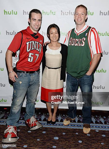 Jon 'Jersey' Goldman, Hulu original content development executive Charlotte Koh, and Kevin Vanderkolk attend the Hulu 2013 Summer TCA Tour at The...