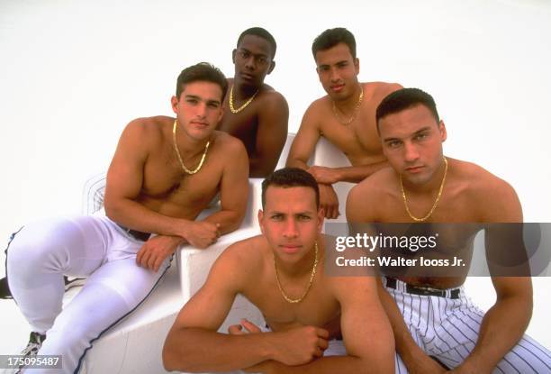 Casual portrait of MLB shortstops Toronto Blue Jays Alex Gonzalez , Florida Marlins Edgar Renteria , Seattle Mariners Alex Rodriguez , New York Mets...