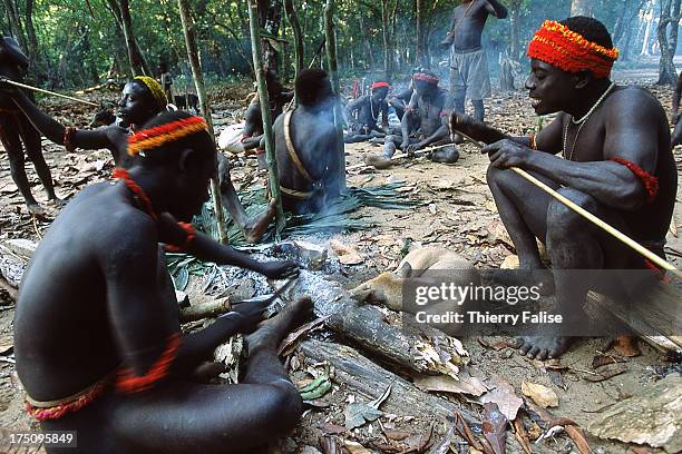 Jarawa prepare arrows before going on a hunting party..