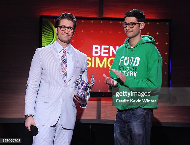 Actor Matthew Morrison presents award to Ben Simon of the Food Recovery Network onstage at the DoSomething.org and VH1's 2013 Do Something Awards at...