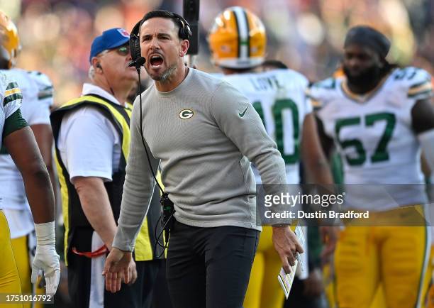 Head coach Matt LaFleur reacts after a play in the second half of the game against the Denver Broncos at Empower Field At Mile High on October 22,...