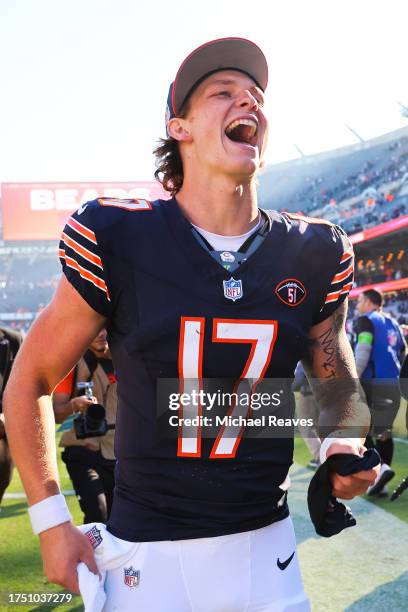 Tyson Bagent of the Chicago Bears reacts as he leaves the field after the game against the Las Vegas Raiders at Soldier Field on October 22, 2023 in...