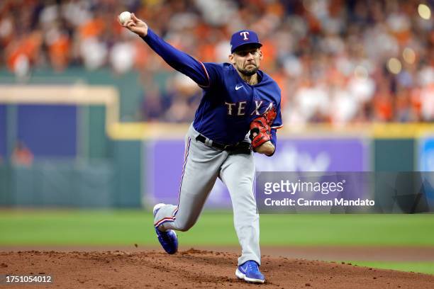 Nathan Eovaldi of the Texas Rangers throws a pitch against the Houston Astros during the first inning in Game Six of the American League Championship...