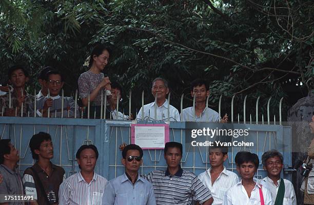 Nobel Peace Prize winner and leading Burmese dissident Aung San Suu Kyi, speaks to crowds of supporters shortly after her release from house arrest...