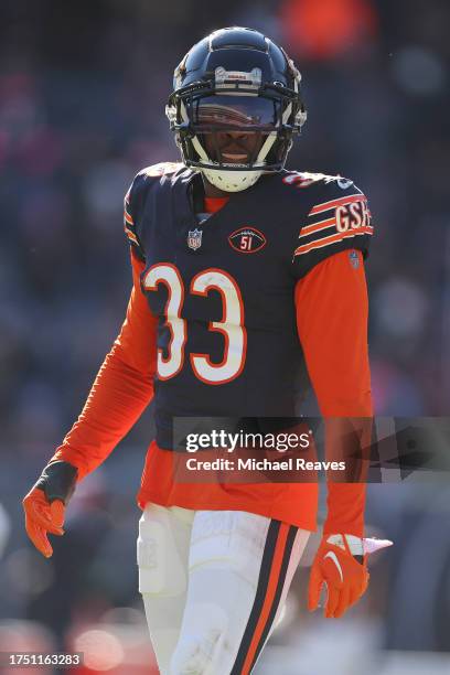 Jaylon Johnson of the Chicago Bears looks on against the Las Vegas Raiders at Soldier Field on October 22, 2023 in Chicago, Illinois.