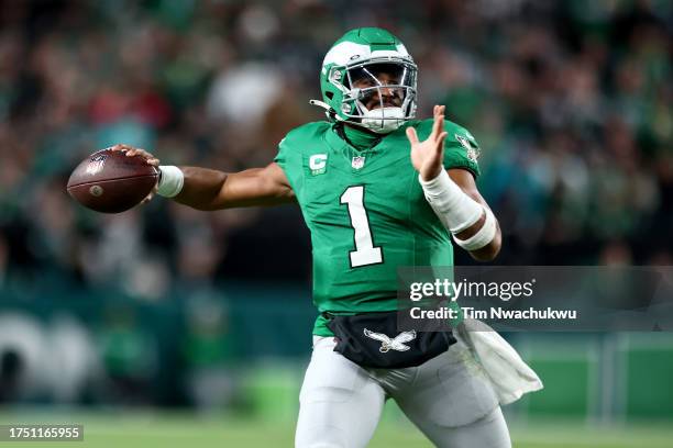 Jalen Hurts of the Philadelphia Eagles looks to pass the ball during the first half of a game against the Miami Dolphins at Lincoln Financial Field...