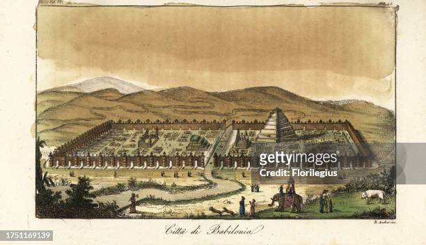 View of the city of Babylon, showing the ancient city with the Tower of Babel and the Hanging Gardens. Citta di Babilonia. Handcoloured copperplate...