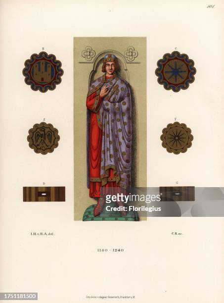 Costume of a prince, 12th century, and sword hilts, etc. Chromolithograph from Hefner-Alteneck's Costumes, Artworks and Appliances from the Middle...