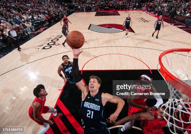 Moritz Wagner of the Orlando Magic rebounds during the game against the Portland Trail Blazers on October 27, 2023 at the Portland Trail Blazers...