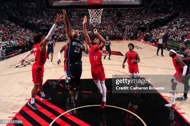 Markelle Fultz of the Orlando Magic drives to the basket during the game against the Portland Trail Blazers on October 27, 2023 at the Portland Trail...