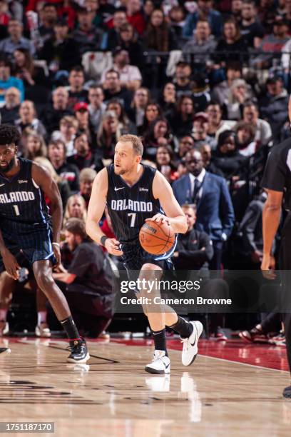 Joe Ingles of the Orlando Magic handles the ball during the game against the Portland Trail Blazers on October 27, 2023 at the Portland Trail Blazers...