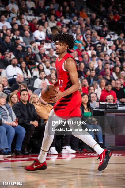 Shaedon Sharpe of the Portland Trail Blazers handles the ball during the game against the Orlando Magic on October 27, 2023 at the Portland Trail...